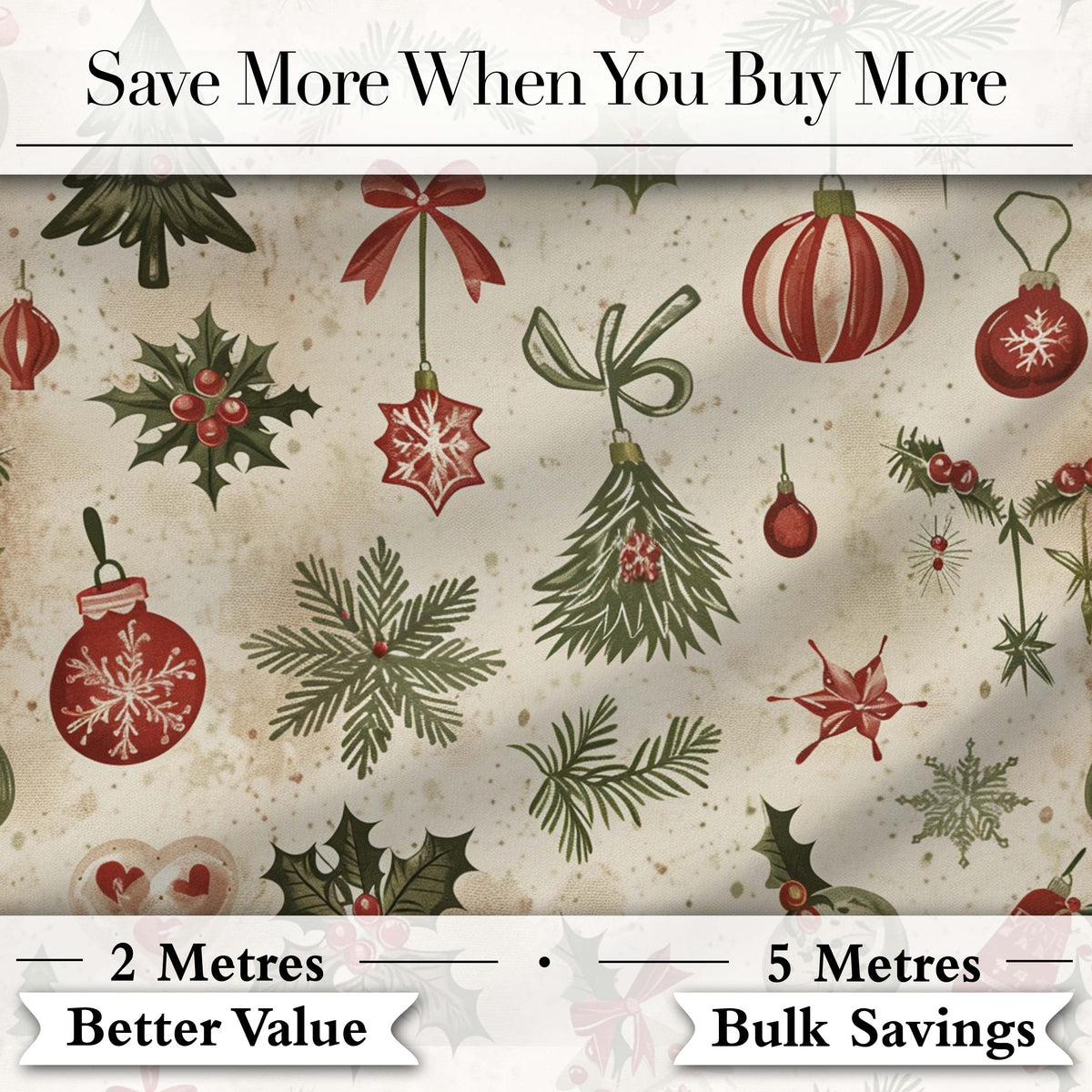Minimal Christmas Ornaments Pine Branches and Bows Seamless Pattern Digital Print Fabric by the Metre UK Sewing Quilting Textile