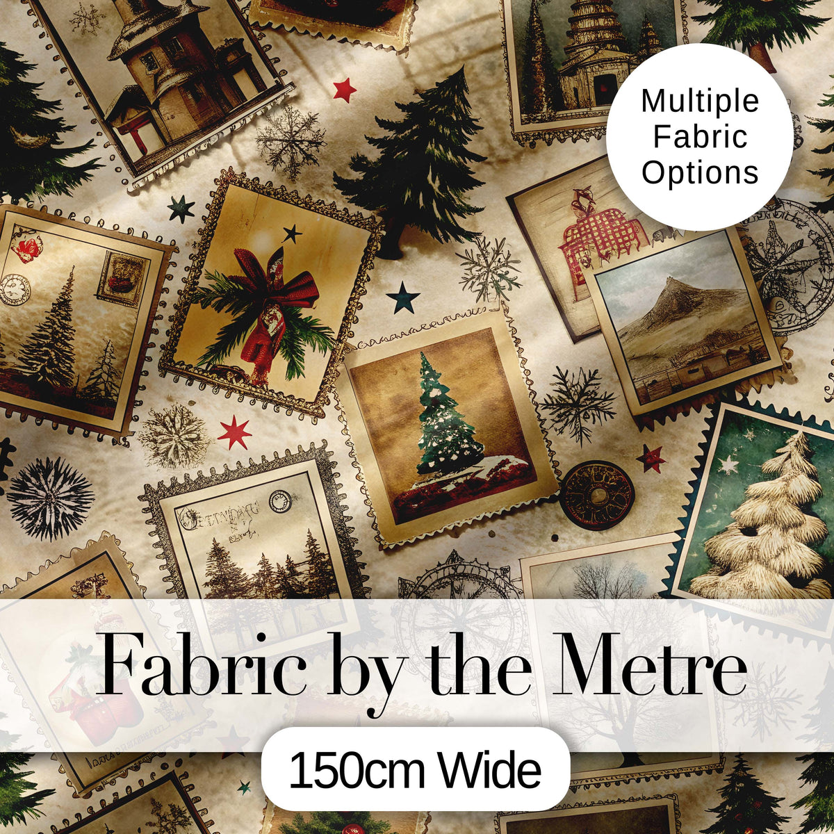 Vintage Christmas Postcards Stamps and Winter Scenes Seamless Pattern Digital Print Fabric by the Metre UK Sewing Quilting Textile