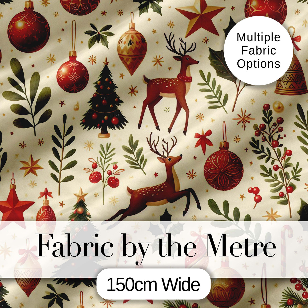 Cute Reindeer Christmas Trees Baubles and Festive Holiday Elements Digital Print Fabric by the Metre UK Sewing Quilting Textile