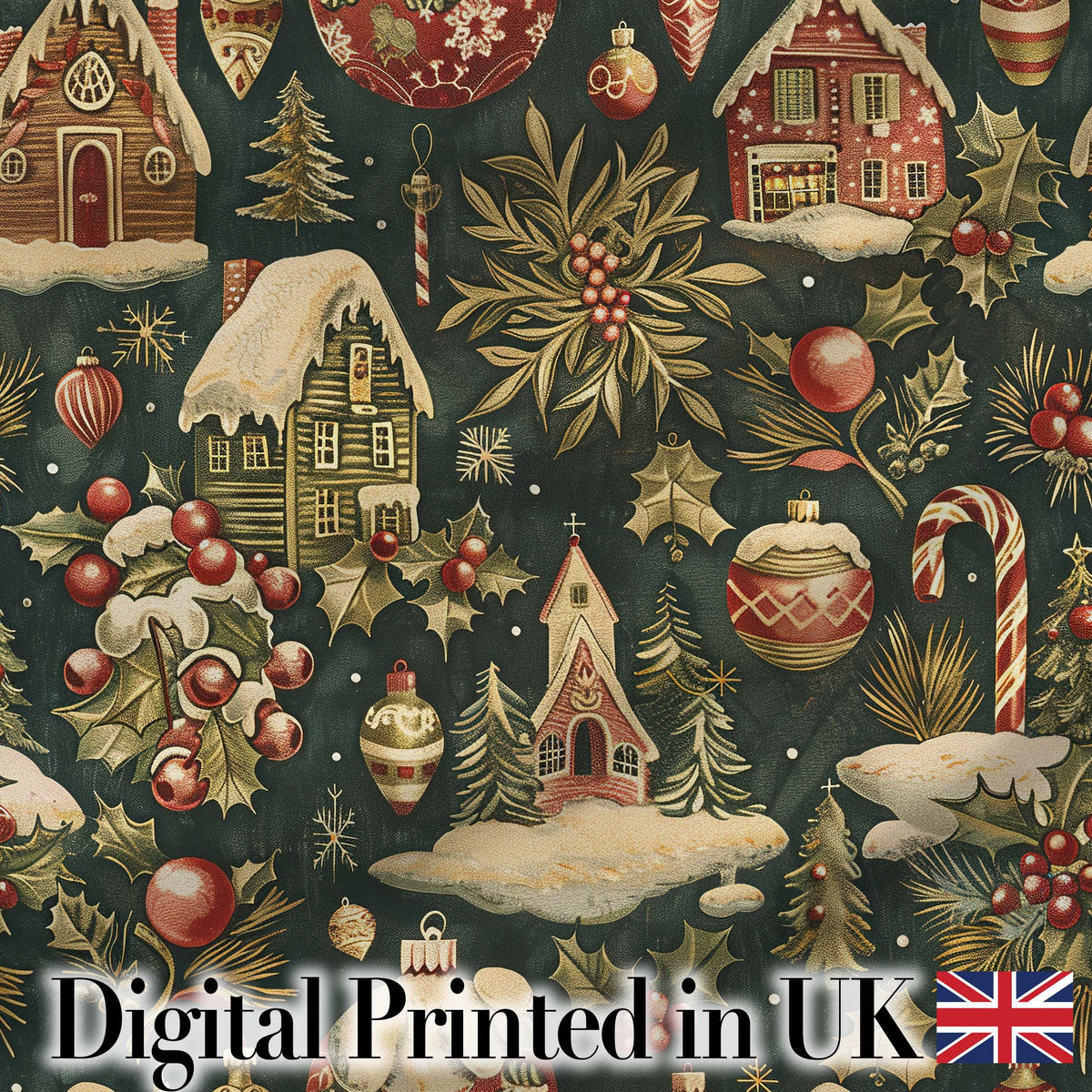 Dark Vintage Christmas Village Houses Snowy Scene and Ornaments Digital Print Fabric by the Metre UK Sewing Quilting Textile