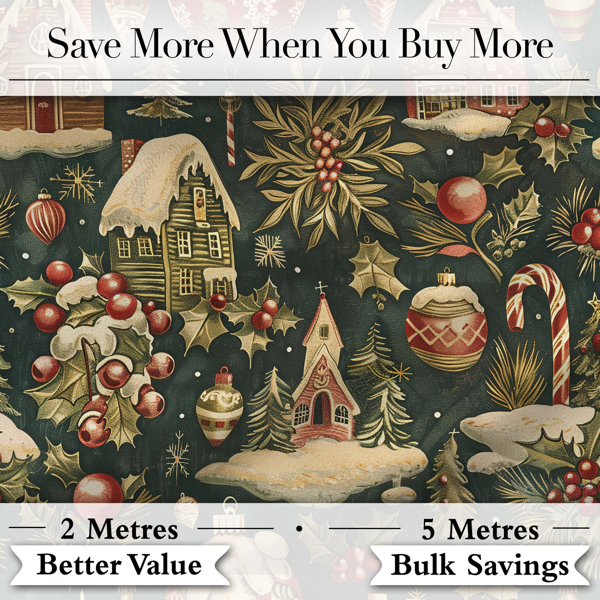 Dark Vintage Christmas Village Houses Snowy Scene and Ornaments Digital Print Fabric by the Metre UK Sewing Quilting Textile