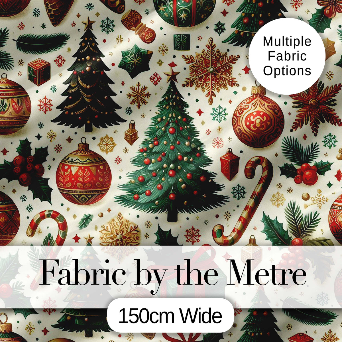 Classic Christmas Trees Candy Canes Baubles and Festive Decor Seamless Pattern Digital Print Fabric by the Metre UK Sewing Quilting Textile