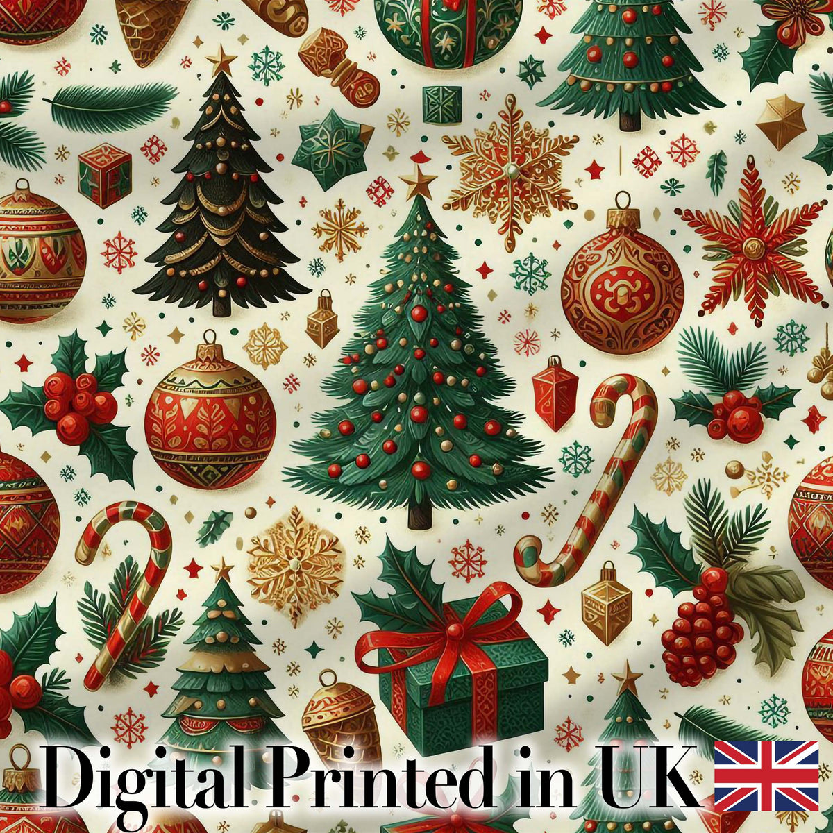 Classic Christmas Trees Candy Canes Baubles and Festive Decor Seamless Pattern Digital Print Fabric by the Metre UK Sewing Quilting Textile