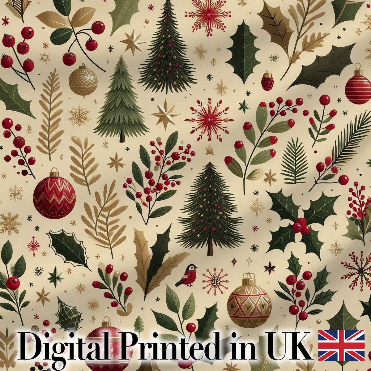 Elegant Christmas Trees Holly Leaves Berries and Snowflake Elements Digital Print Fabric by the Metre UK Sewing Quilting Textile