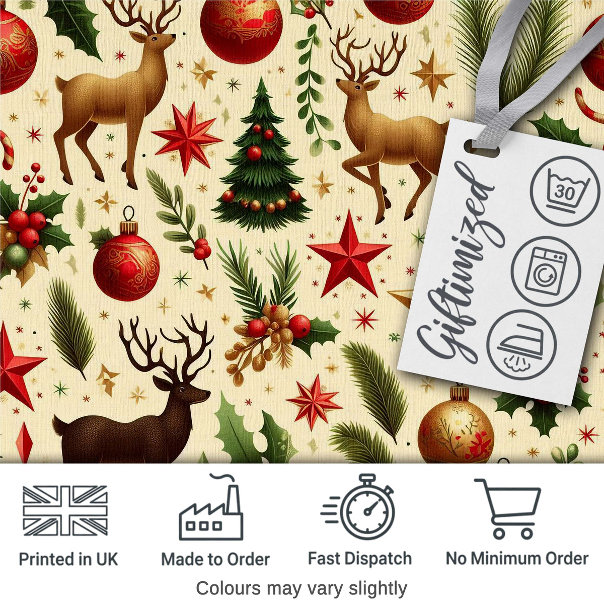 Elegant Christmas Reindeer Ornaments Stars Holly Leaves and Festive Elements Digital Print Fabric by the Metre UK Sewing Quilting Textile