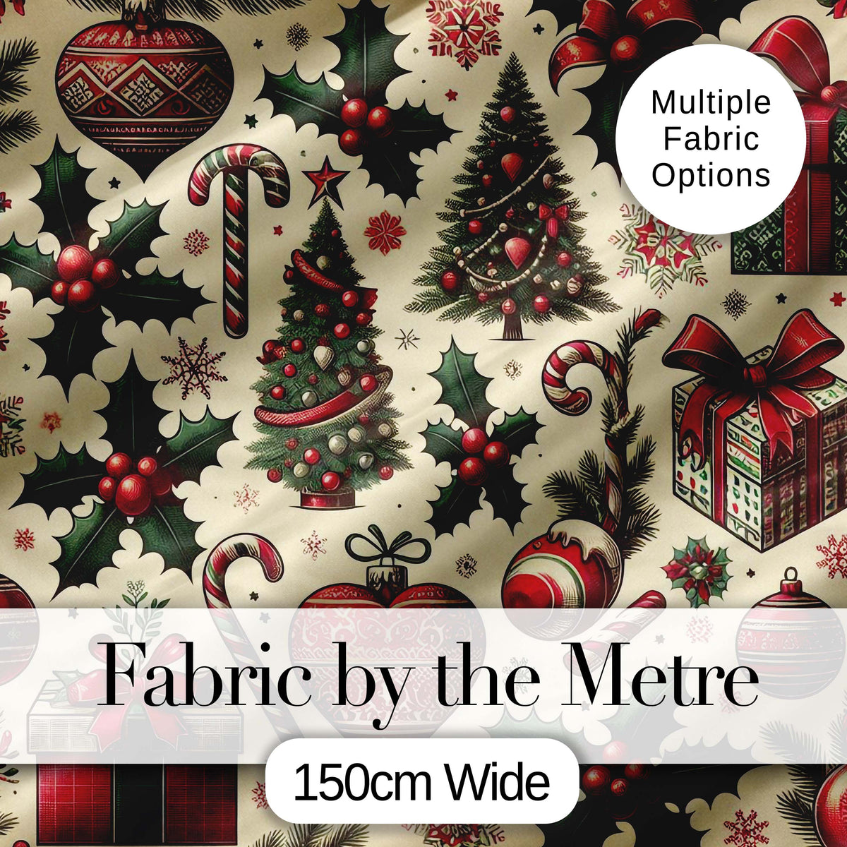 Classic Christmas Trees Candy Canes Gifts and Holly Berry Elements Digital Print Fabric by the Metre UK Sewing Quilting Textile