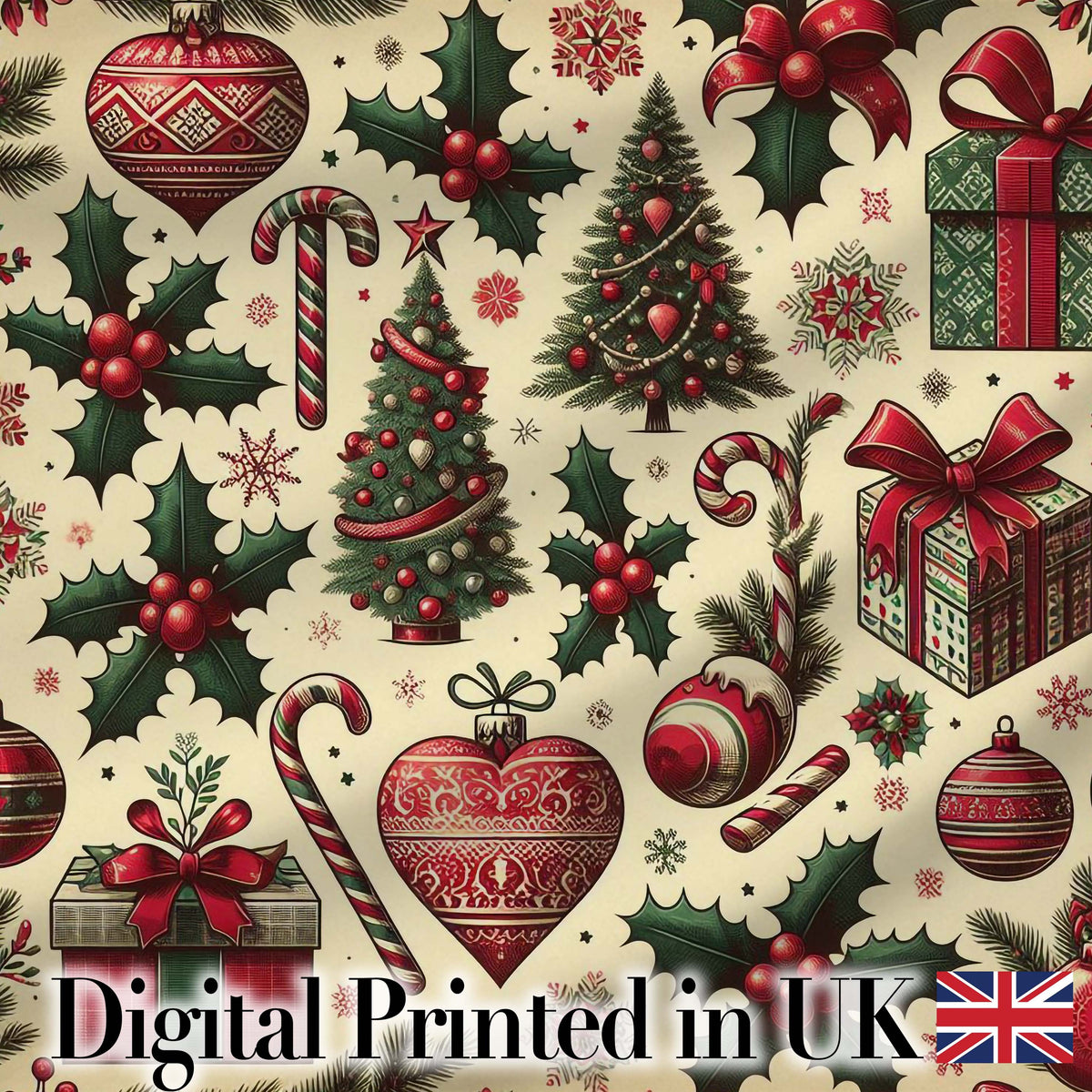 Classic Christmas Trees Candy Canes Gifts and Holly Berry Elements Digital Print Fabric by the Metre UK Sewing Quilting Textile