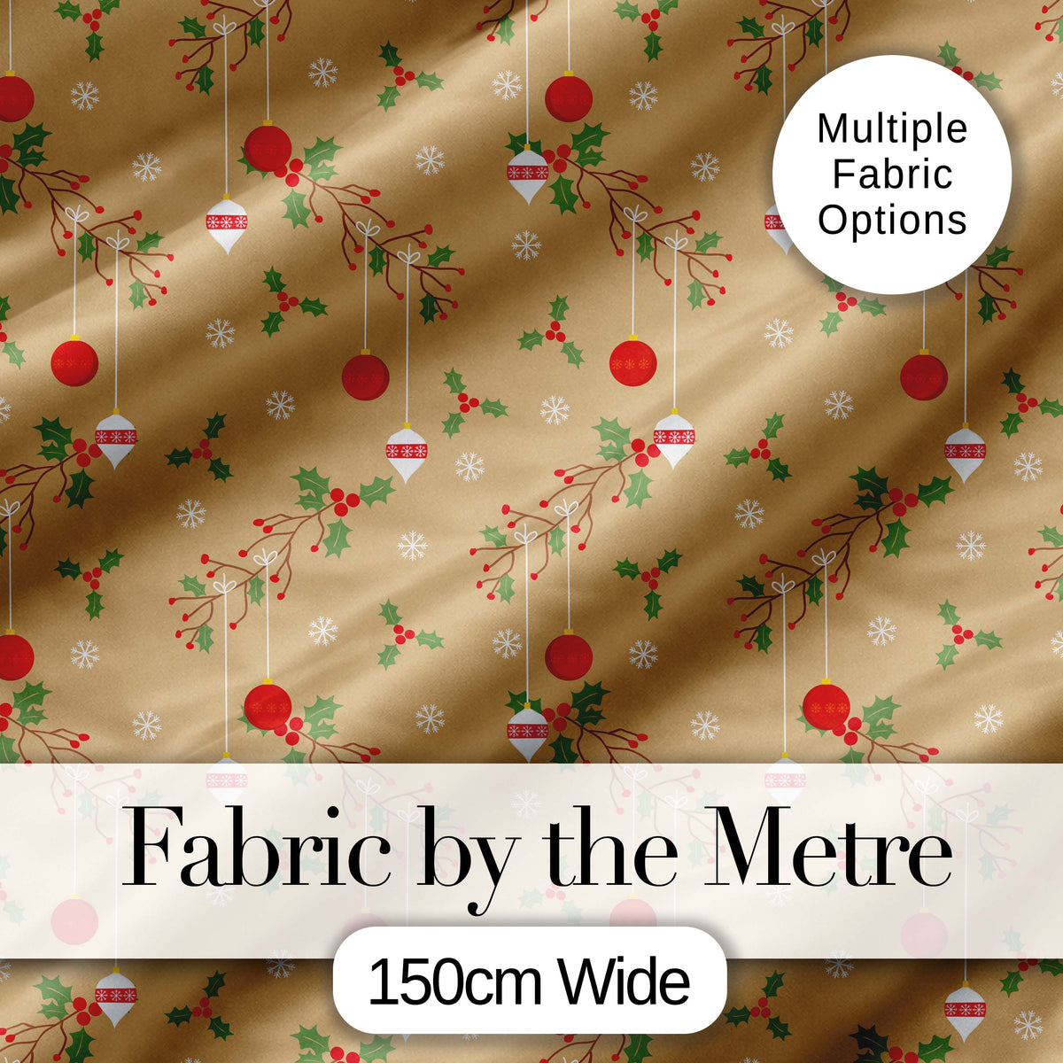Minimal Christmas Ornaments Hanging Baubles Holly Branches and Snowflakes Digital Print Fabric by the Metre UK Sewing Quilting Textile