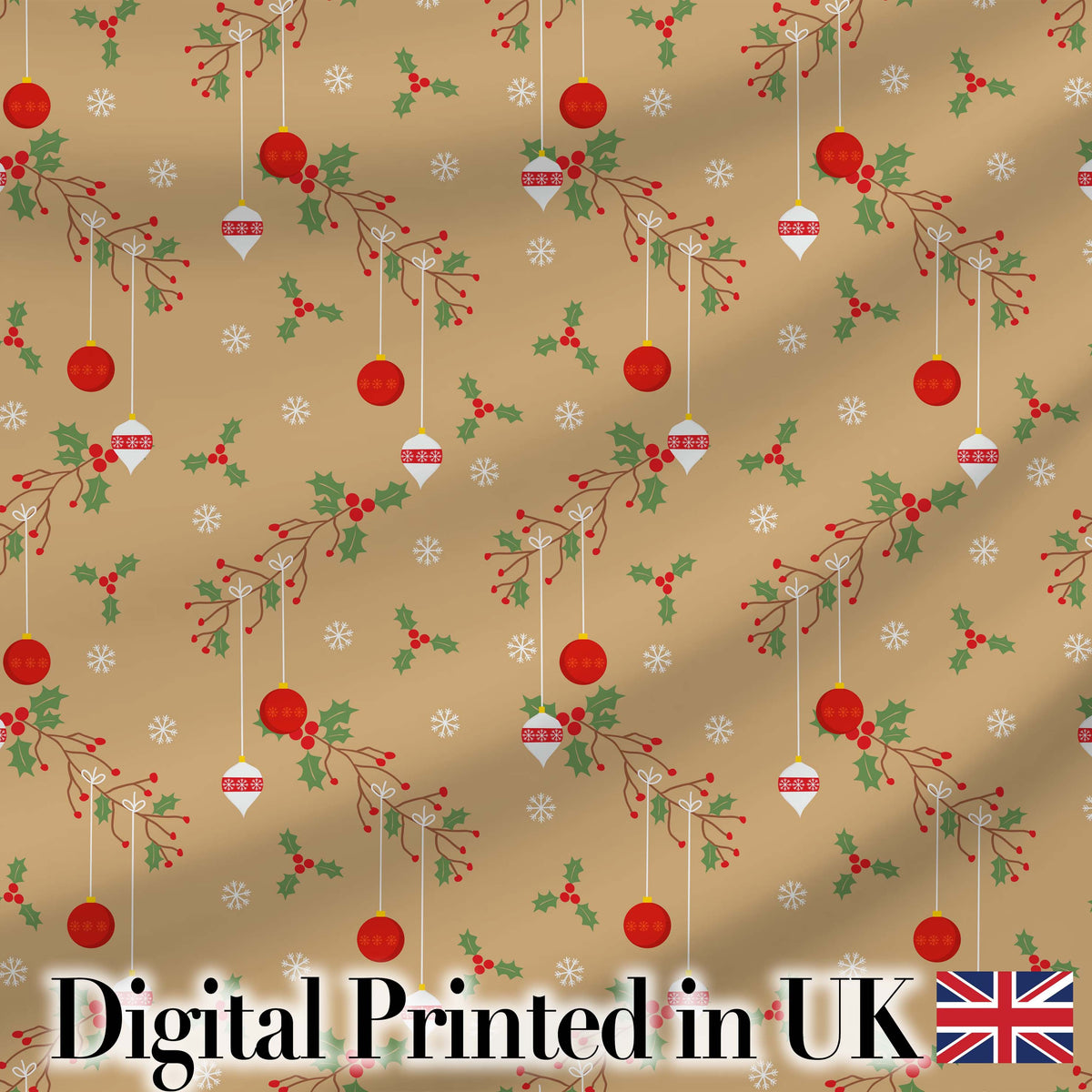 Minimal Christmas Ornaments Hanging Baubles Holly Branches and Snowflakes Digital Print Fabric by the Metre UK Sewing Quilting Textile