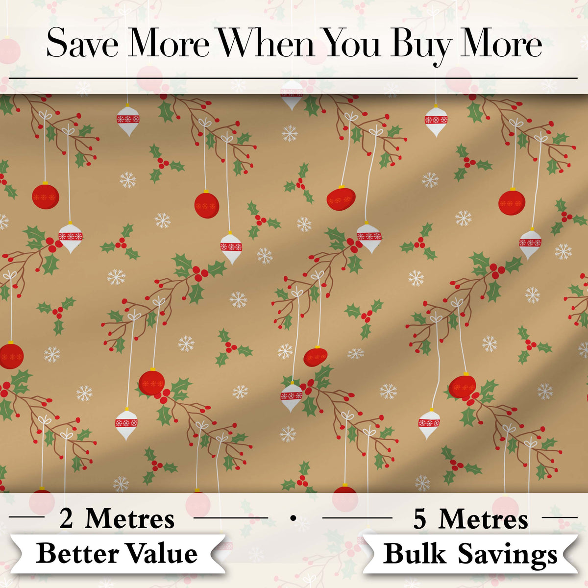Minimal Christmas Ornaments Hanging Baubles Holly Branches and Snowflakes Digital Print Fabric by the Metre UK Sewing Quilting Textile
