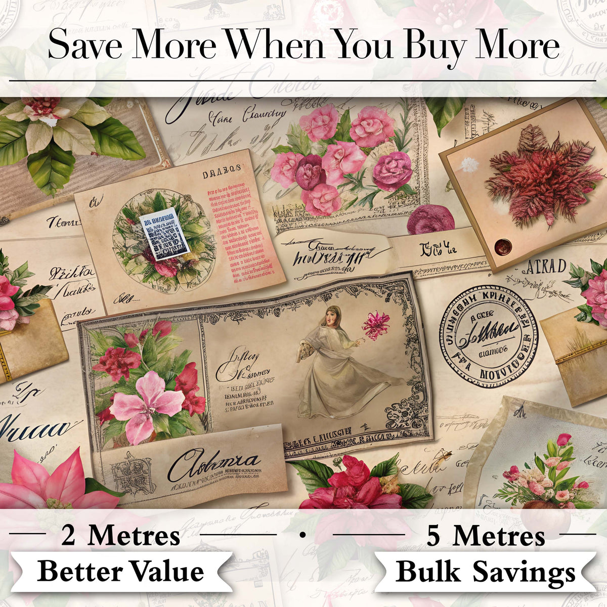 Vintage Floral Christmas Cards Poinsettia Roses and Antique Paper Collage Digital Print Fabric by the Metre UK Sewing Quilting Textile