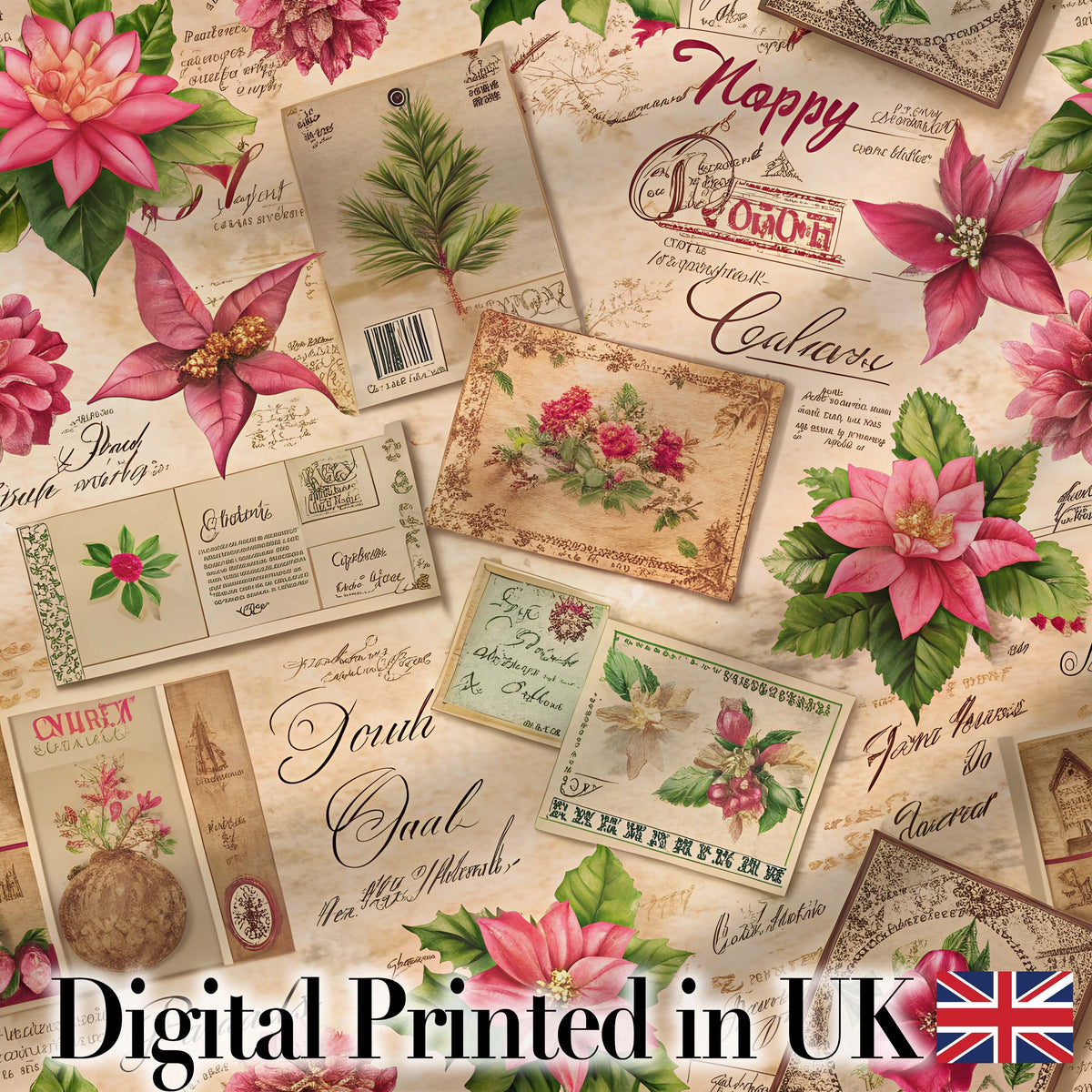 Elegant Vintage Christmas Postcards Botanical Florals and Script Collage Digital Print Fabric by the Metre UK Sewing Quilting Textile