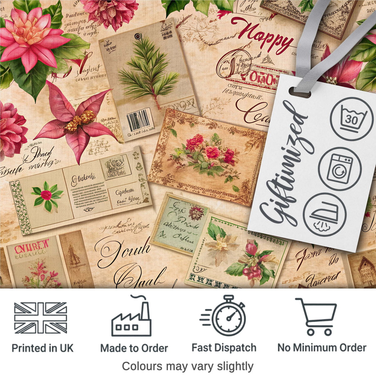 Elegant Vintage Christmas Postcards Botanical Florals and Script Collage Digital Print Fabric by the Metre UK Sewing Quilting Textile