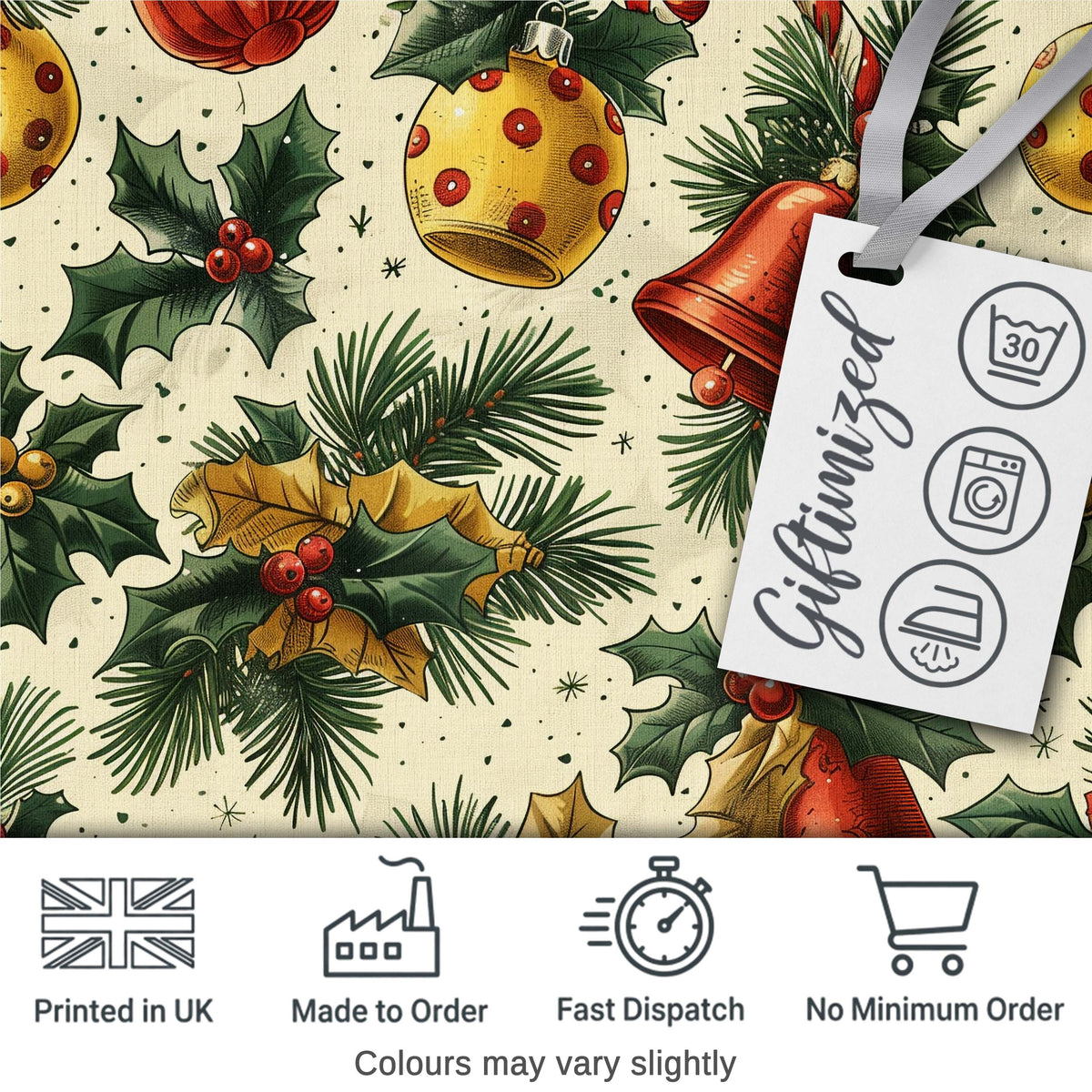 Elegant Christmas Baubles Pine Branches Bows and Snowflake Elements Digital Print Fabric by the Metre UK Sewing Quilting Textile