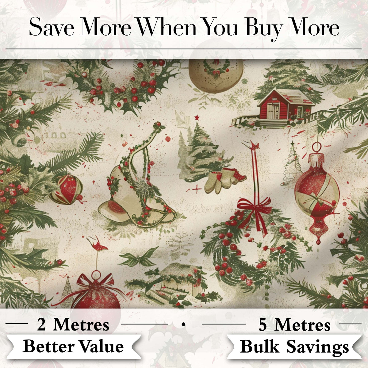 Rustic Christmas Wreath Bells Pine Branches Baubles and Snowy Village Digital Print Fabric by the Metre UK Sewing Quilting Textile