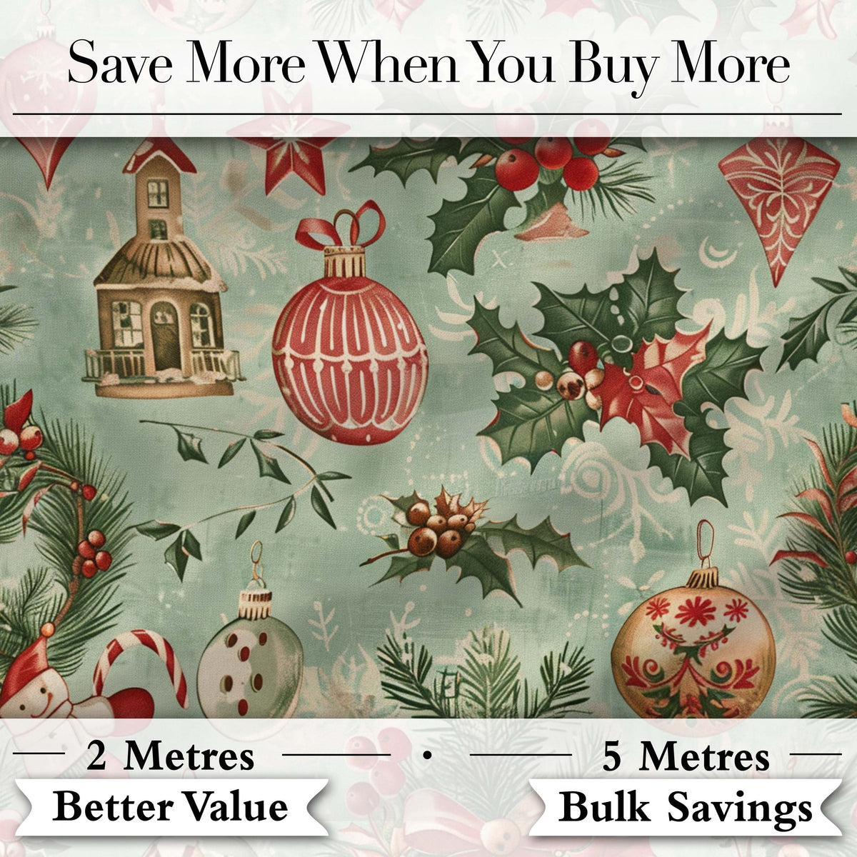 Vintage Christmas Baubles Holly Berries Candy Cane and Snowflakes Digital Print Fabric by the Metre UK Sewing Quilting Textile