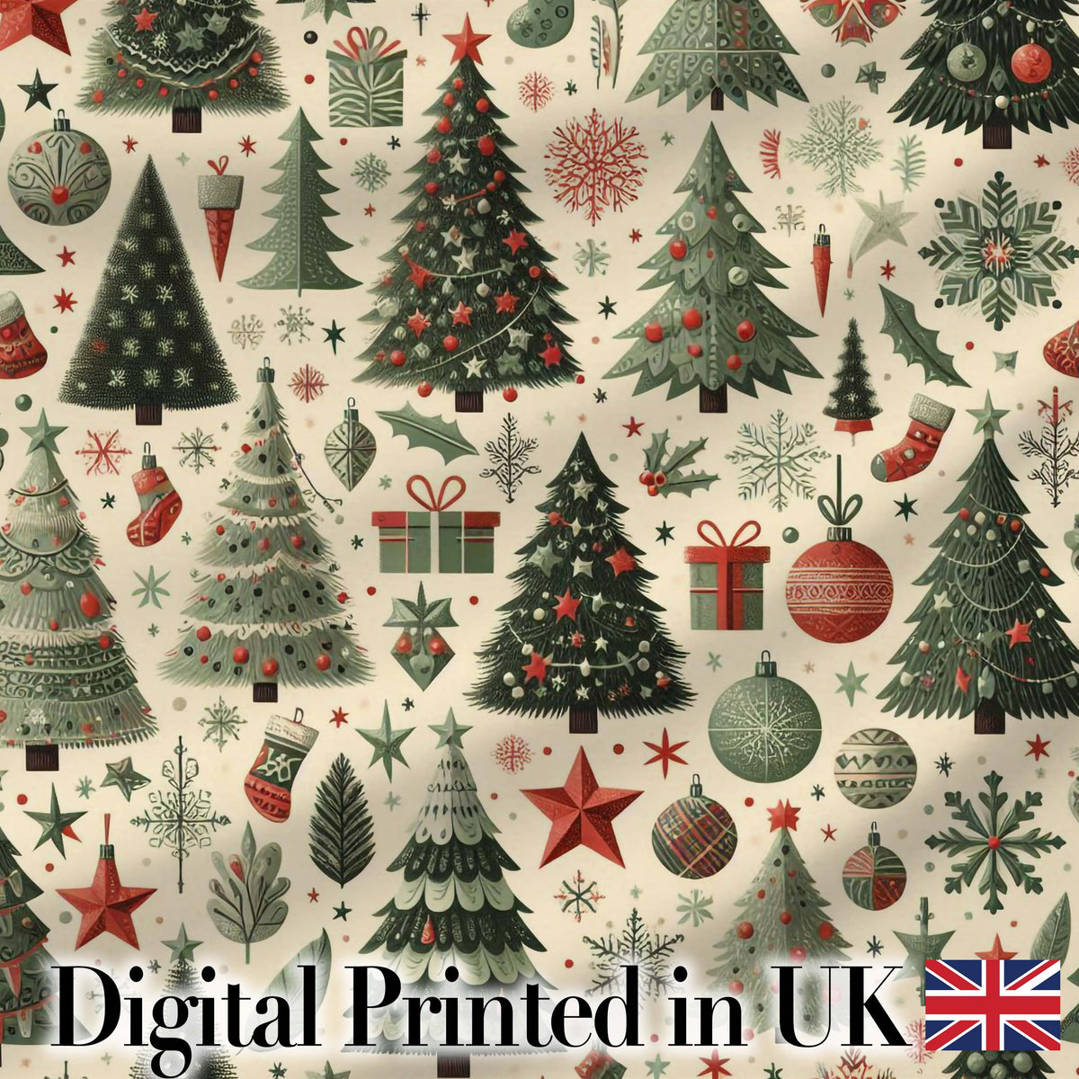 Festive Christmas Trees Gifts Snowflakes and Ornaments Seamless Pattern Digital Print Fabric by the Metre UK Sewing Quilting Textile
