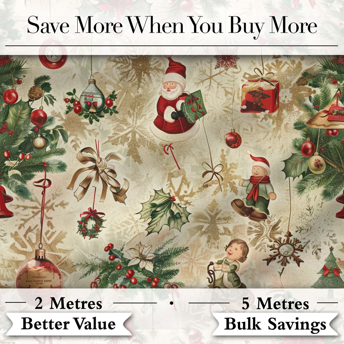 Vintage Christmas Santa Children Holly Ornaments Snowflakes Festive Digital Print Fabric by the Metre UK Sewing Quilting Textile