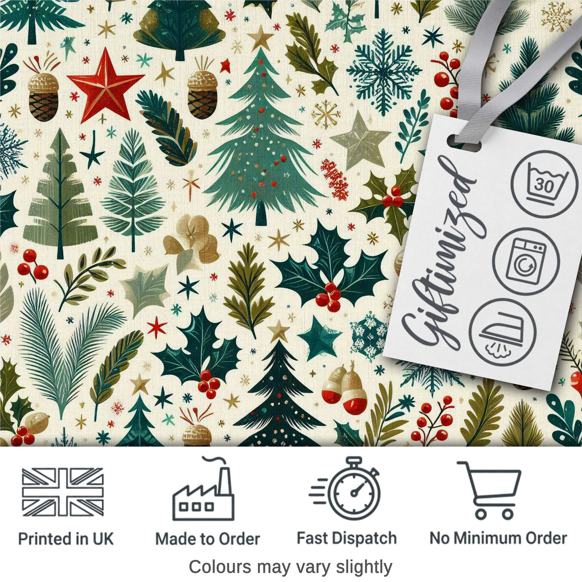 Modern Christmas Trees Holly Leaves Snowflakes Winter Seamless Pattern Digital Print Fabric by the Metre UK Sewing Quilting Textile