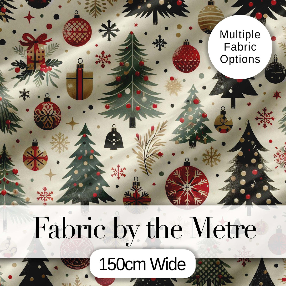 Scandinavian Christmas Trees Baubles Snowflakes Nordic Seamless Pattern Digital Print Fabric by the Metre UK Sewing Quilting Textile