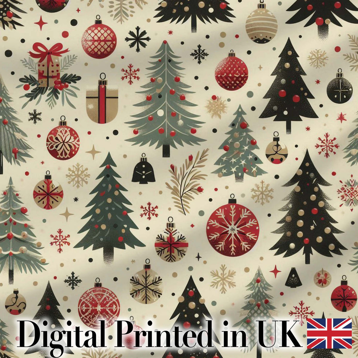 Scandinavian Christmas Trees Baubles Snowflakes Nordic Seamless Pattern Digital Print Fabric by the Metre UK Sewing Quilting Textile