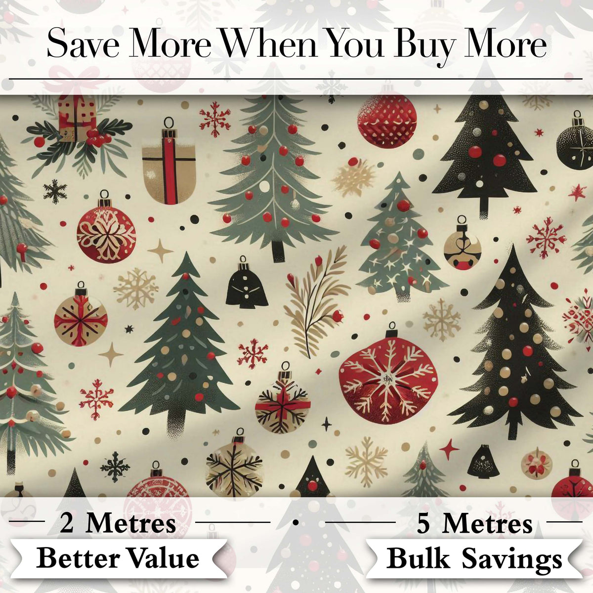 Scandinavian Christmas Trees Baubles Snowflakes Nordic Seamless Pattern Digital Print Fabric by the Metre UK Sewing Quilting Textile