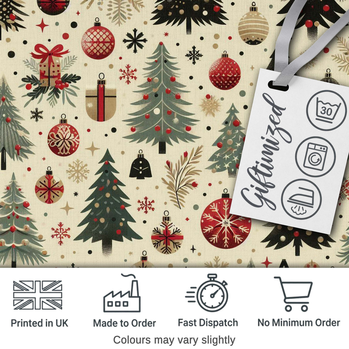 Scandinavian Christmas Trees Baubles Snowflakes Nordic Seamless Pattern Digital Print Fabric by the Metre UK Sewing Quilting Textile