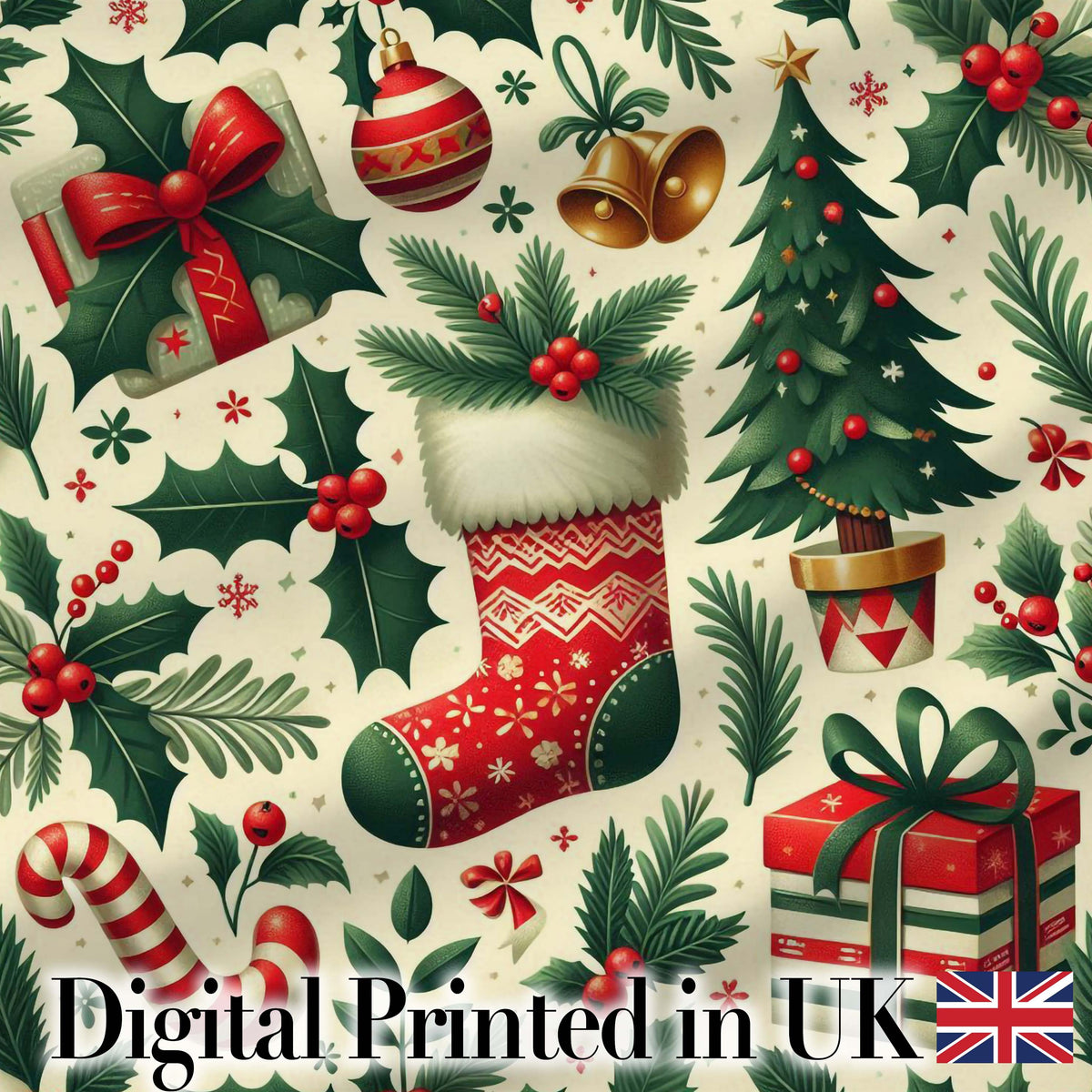 Festive Christmas Stocking Gifts Bells Holly Leaves Seamless Pattern Digital Print Fabric by the Metre UK Sewing Quilting Textile