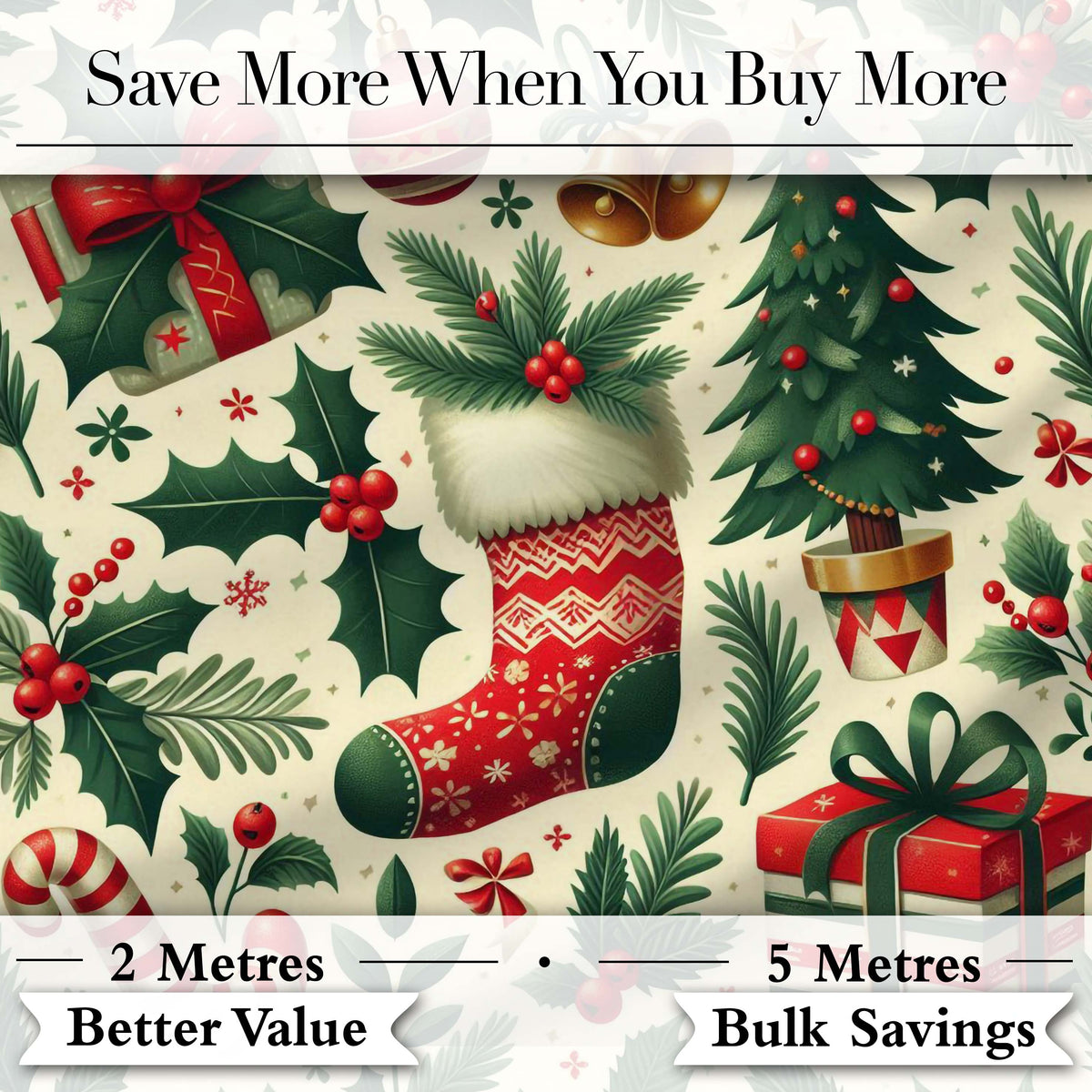 Festive Christmas Stocking Gifts Bells Holly Leaves Seamless Pattern Digital Print Fabric by the Metre UK Sewing Quilting Textile