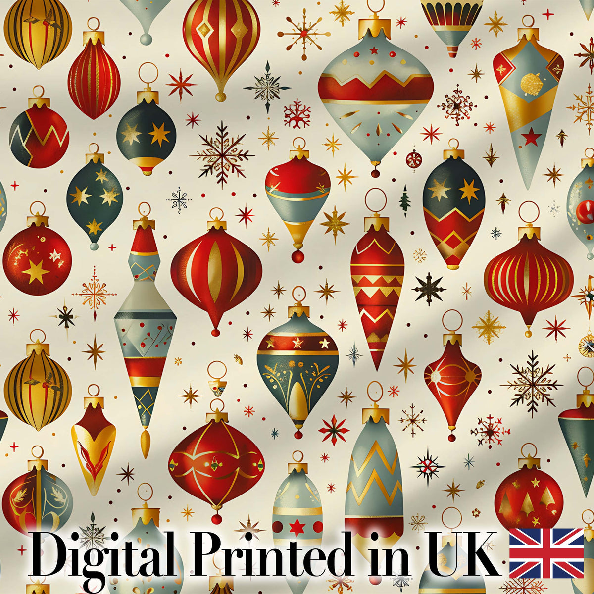 Vintage Christmas Baubles Ornaments Stars Elegant Holiday Seamless Pattern Digital Print Fabric by the Metre UK Sewing Quilting Textile
