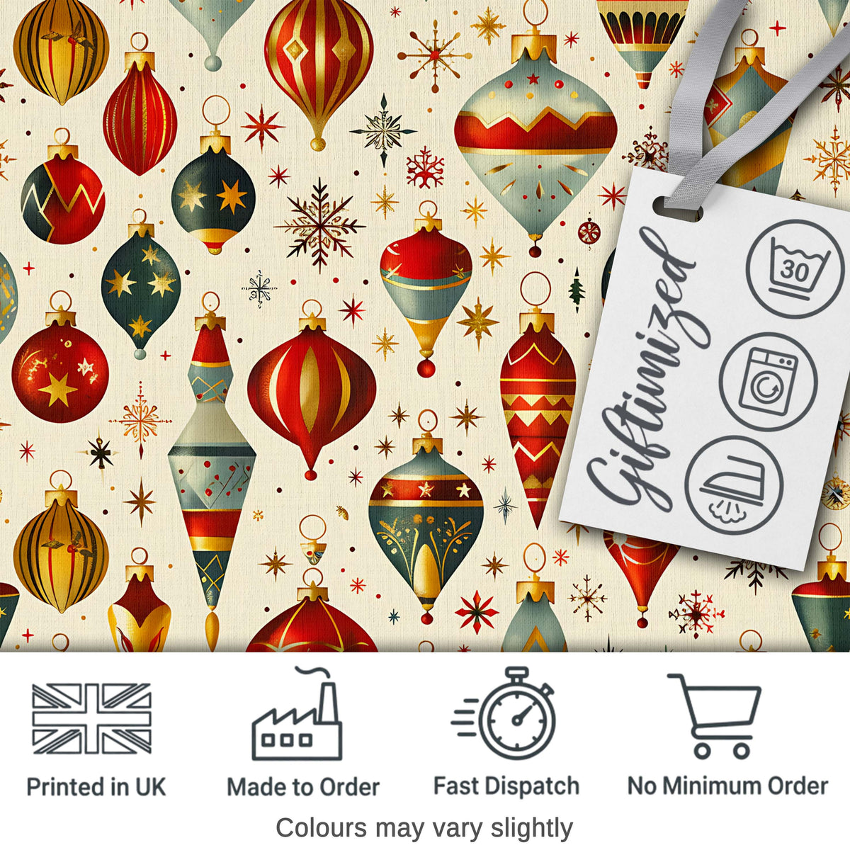 Vintage Christmas Baubles Ornaments Stars Elegant Holiday Seamless Pattern Digital Print Fabric by the Metre UK Sewing Quilting Textile