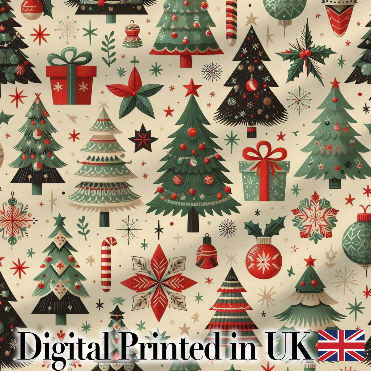 Modern Christmas Trees Gifts Stars Ornaments Festive Seamless Pattern Digital Print Fabric by the Metre UK Sewing Quilting Textile