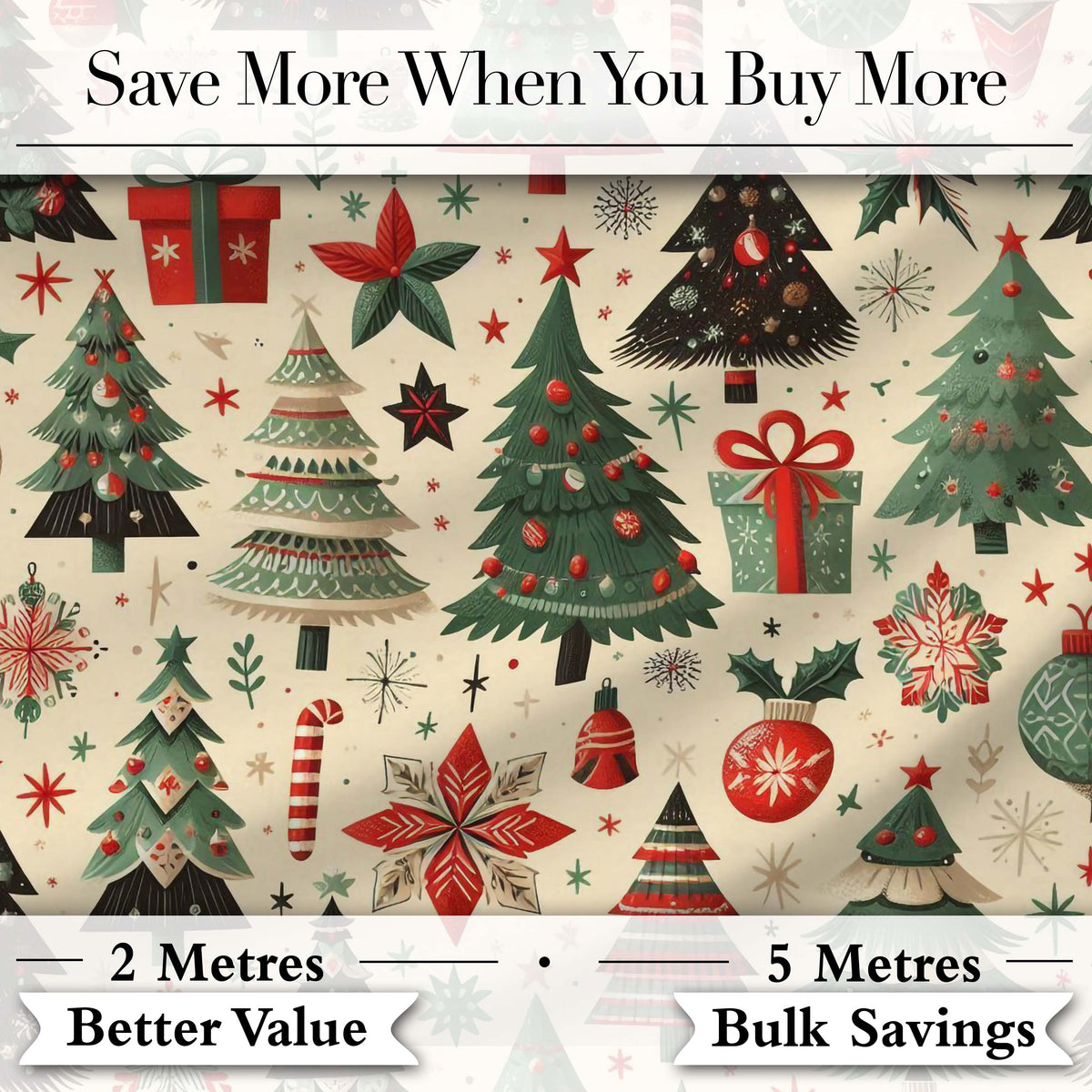 Modern Christmas Trees Gifts Stars Ornaments Festive Seamless Pattern Digital Print Fabric by the Metre UK Sewing Quilting Textile