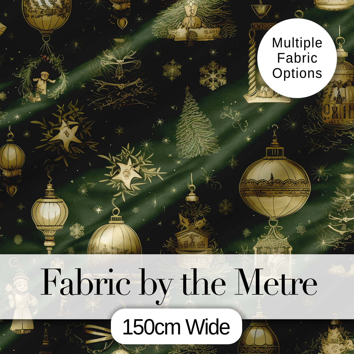 Luxury Gold Christmas Ornaments Lantern Stars Dark Green Seamless Pattern Digital Print Fabric by the Metre UK Sewing Quilting Textile