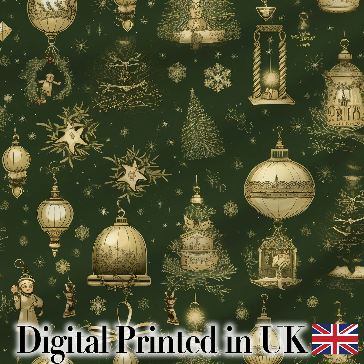 Luxury Gold Christmas Ornaments Lantern Stars Dark Green Seamless Pattern Digital Print Fabric by the Metre UK Sewing Quilting Textile