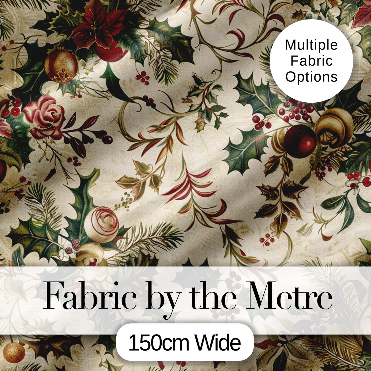 Classic Christmas Floral Holly Berries Pine Leaves Vintage Seamless Pattern Digital Print Fabric by the Metre UK Sewing Quilting Textile
