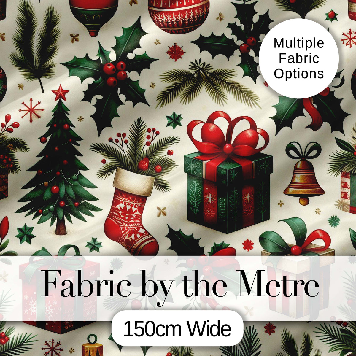Festive Christmas Gifts Stockings Holly Leaves Bells Seamless Pattern Digital Print Fabric by the Metre UK Sewing Quilting Textile
