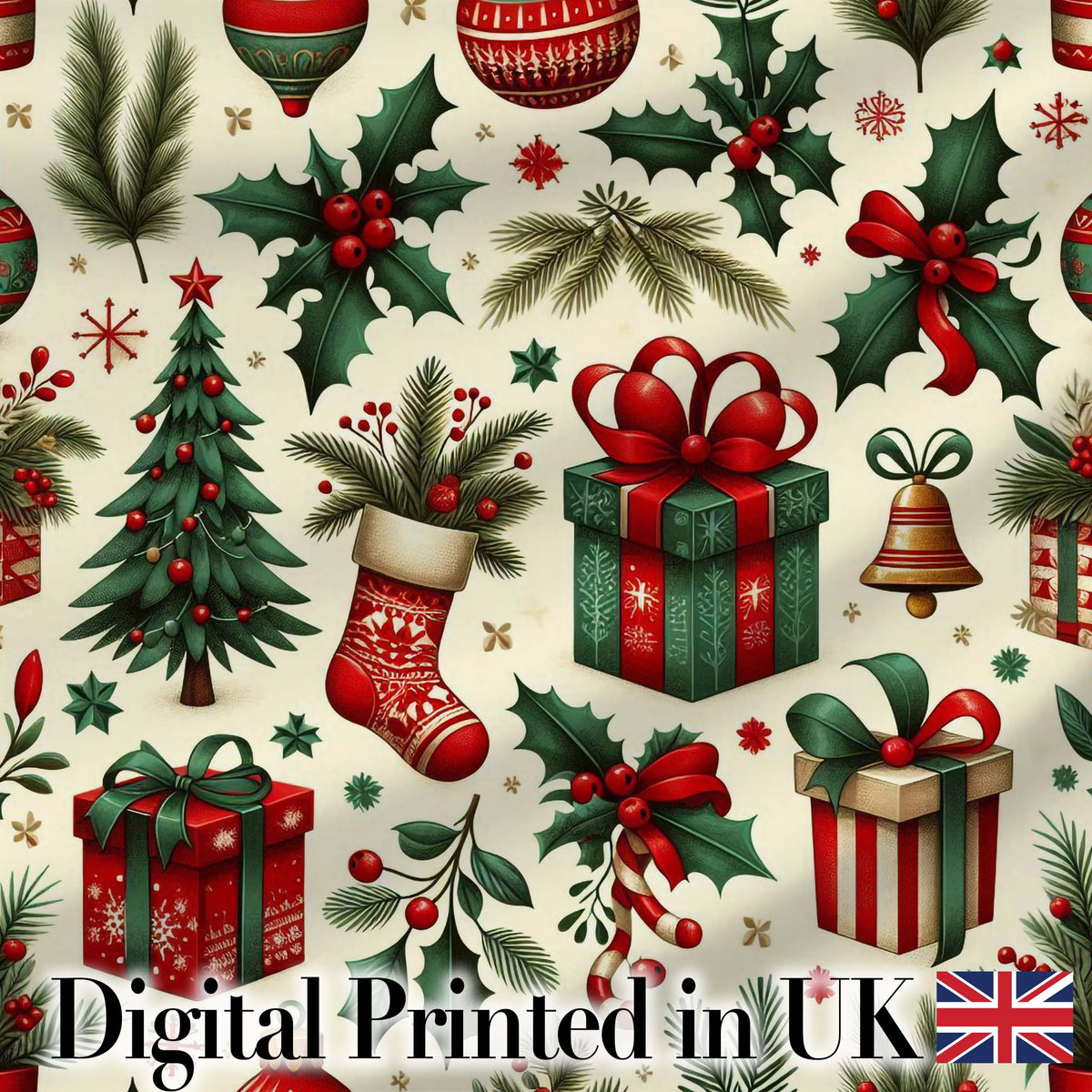 Festive Christmas Gifts Stockings Holly Leaves Bells Seamless Pattern Digital Print Fabric by the Metre UK Sewing Quilting Textile
