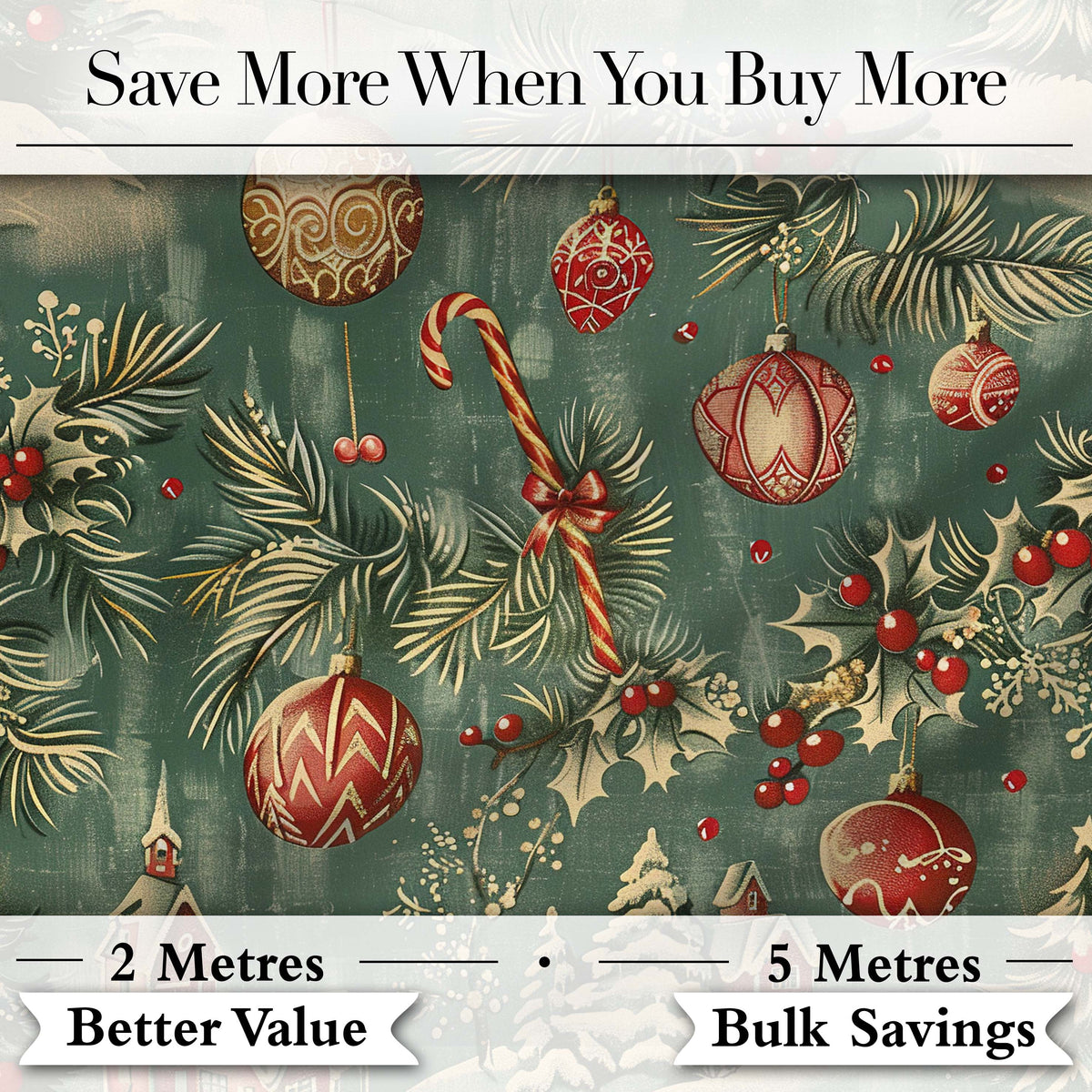 Classic Christmas Ornaments Holly Candy Cane Pine Branch Seamless Pattern Digital Print Fabric by the Metre UK Sewing Quilting Textile