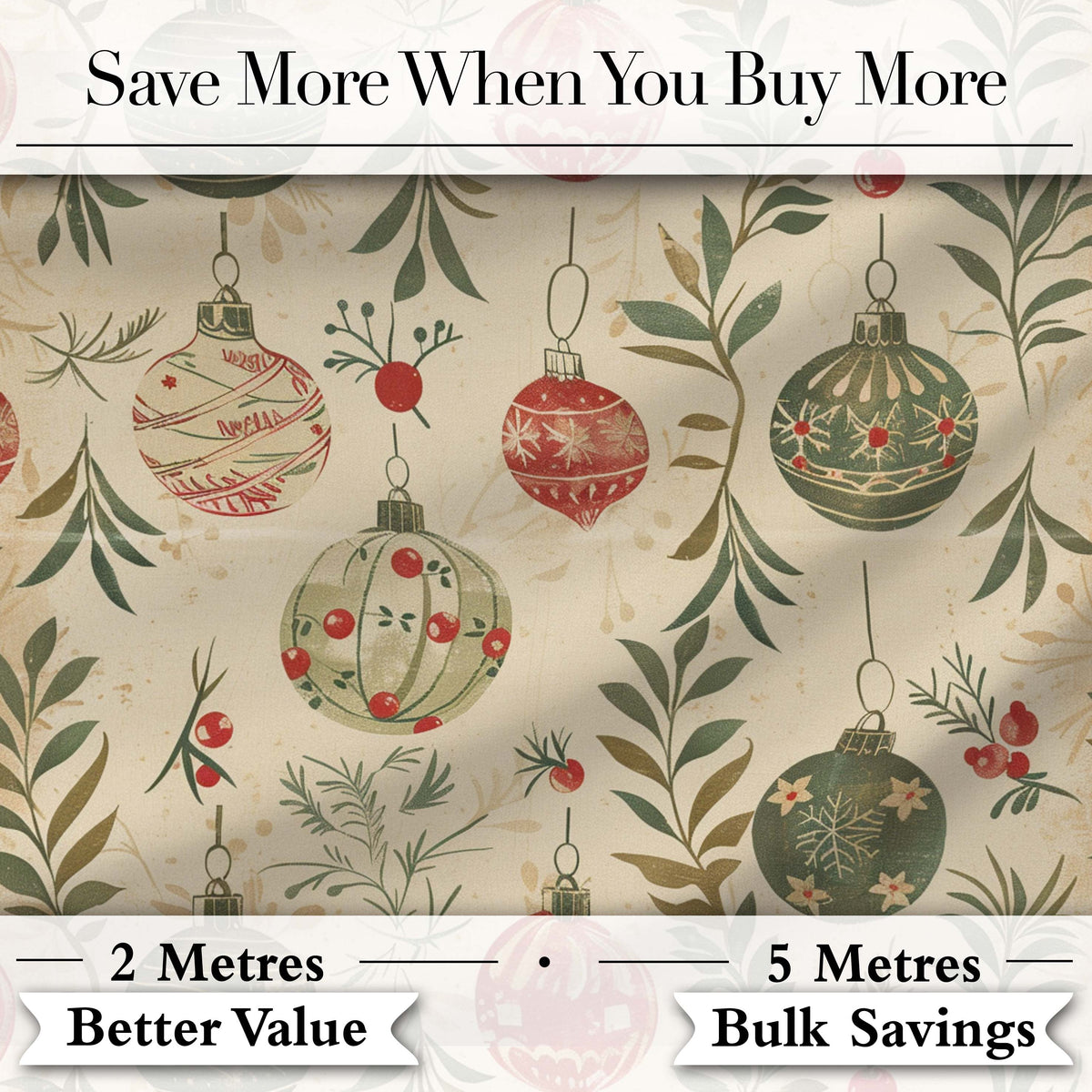 Vintage Christmas Baubles Holly Leaves Botanical Seamless Pattern Digital Print Fabric by the Metre UK Sewing Quilting Textile