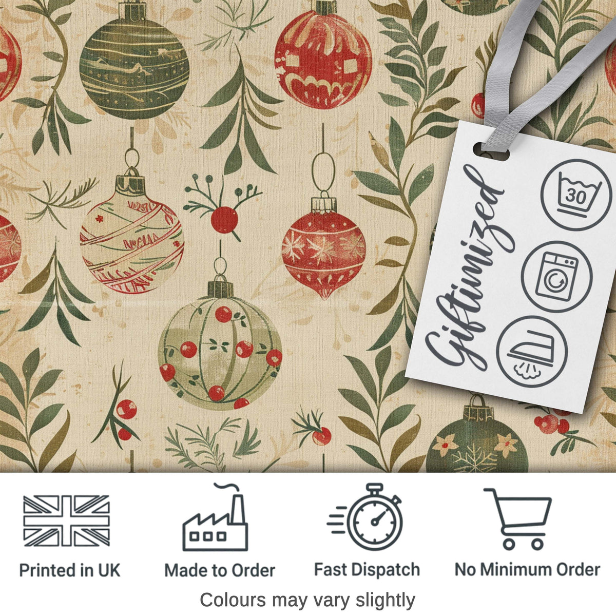 Vintage Christmas Baubles Holly Leaves Botanical Seamless Pattern Digital Print Fabric by the Metre UK Sewing Quilting Textile