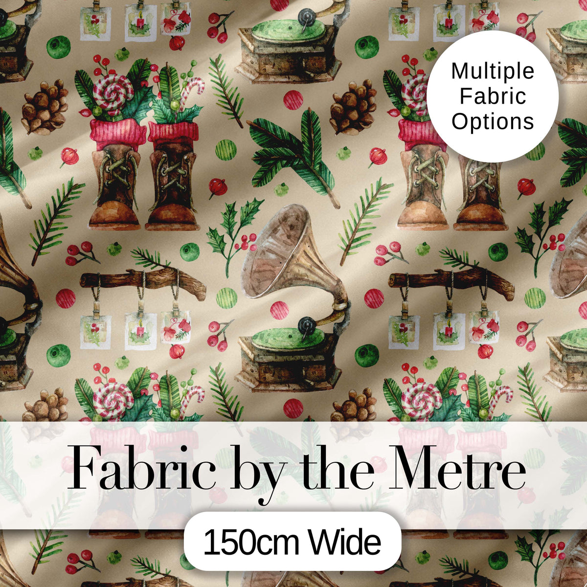 Vintage Christmas Boots Candy Cane Gramophone Pinecone Seamless Pattern Digital Print Fabric by the Metre UK Sewing Quilting Textile