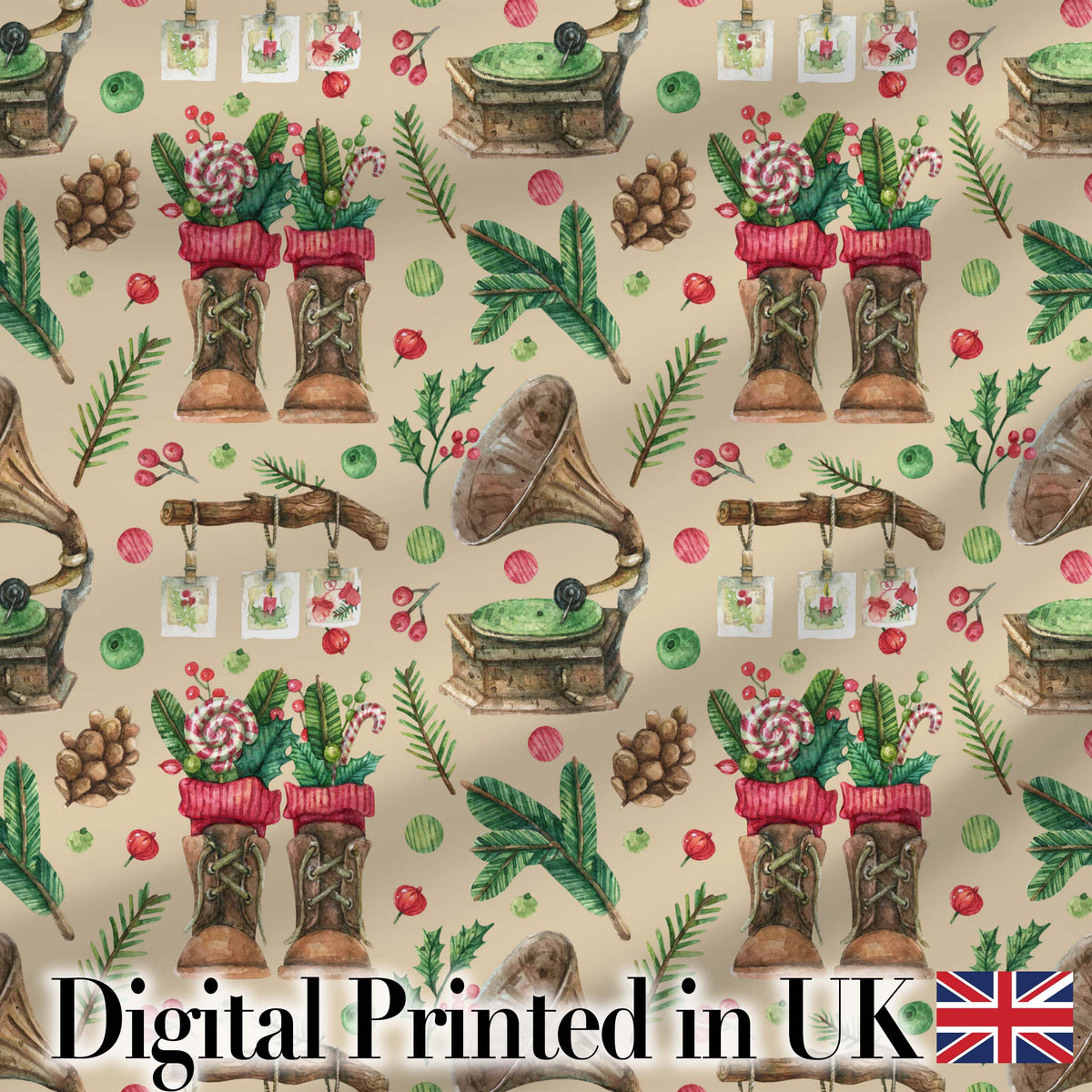 Vintage Christmas Boots Candy Cane Gramophone Pinecone Seamless Pattern Digital Print Fabric by the Metre UK Sewing Quilting Textile