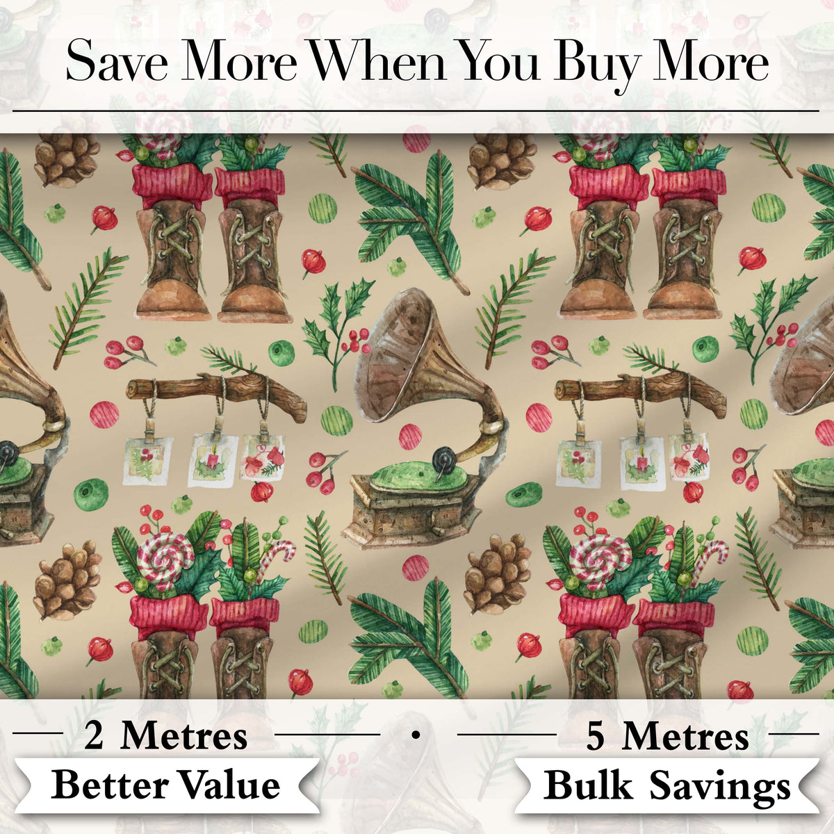 Vintage Christmas Boots Candy Cane Gramophone Pinecone Seamless Pattern Digital Print Fabric by the Metre UK Sewing Quilting Textile