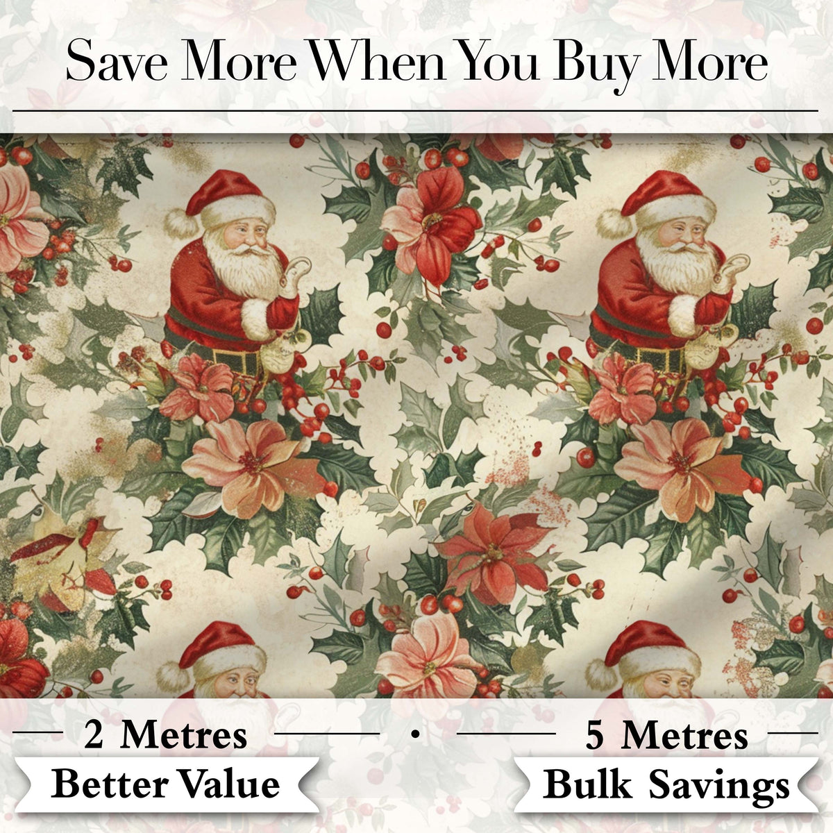 Vintage Santa Claus Holly Leaves Floral Christmas Seamless Pattern Digital Print Fabric by the Metre UK Sewing Quilting Textile