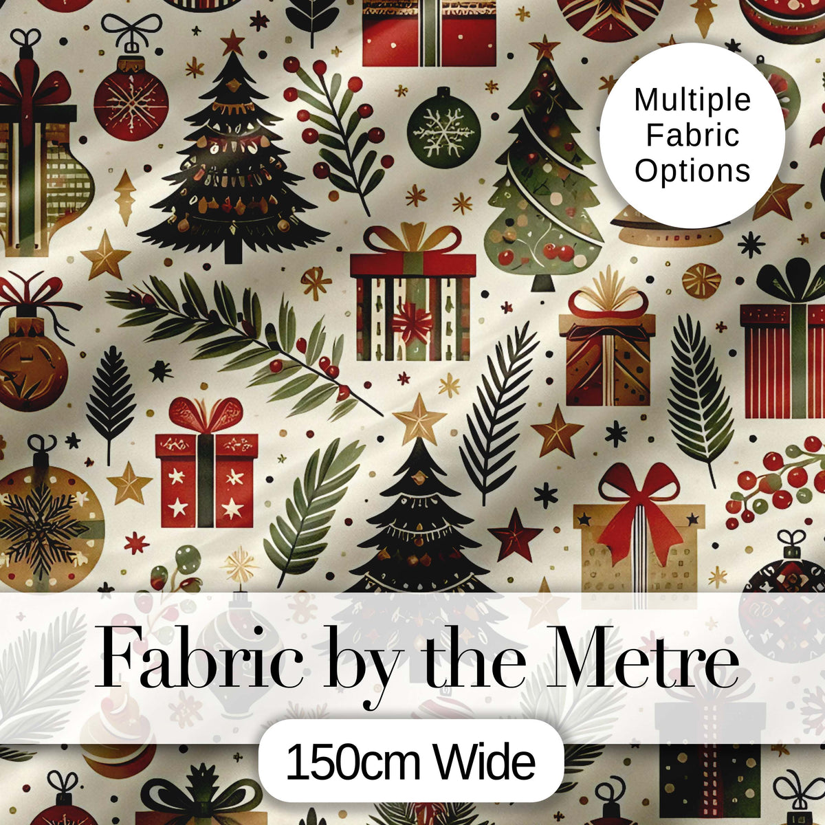Scandinavian Christmas Trees Gifts Baubles Festive Seamless Pattern Digital Print Fabric by the Metre UK Sewing Quilting Textile