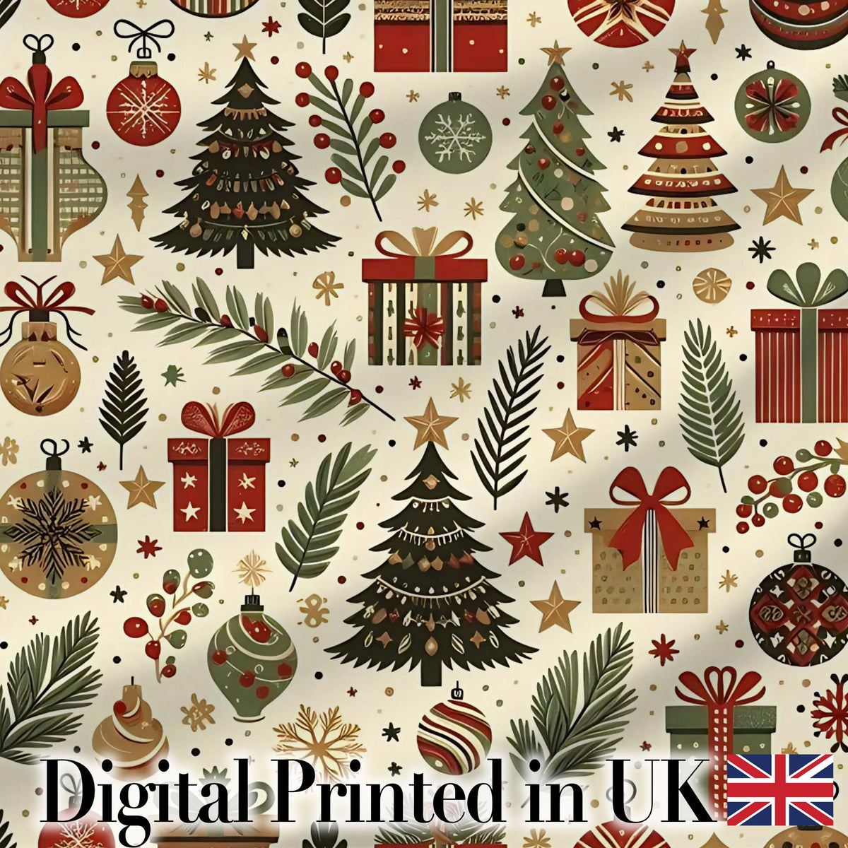 Scandinavian Christmas Trees Gifts Baubles Festive Seamless Pattern Digital Print Fabric by the Metre UK Sewing Quilting Textile