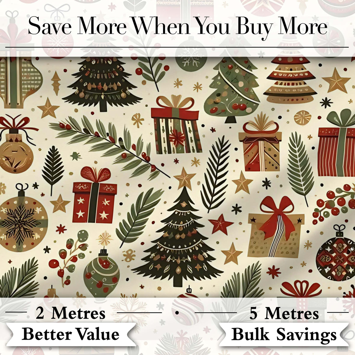 Scandinavian Christmas Trees Gifts Baubles Festive Seamless Pattern Digital Print Fabric by the Metre UK Sewing Quilting Textile