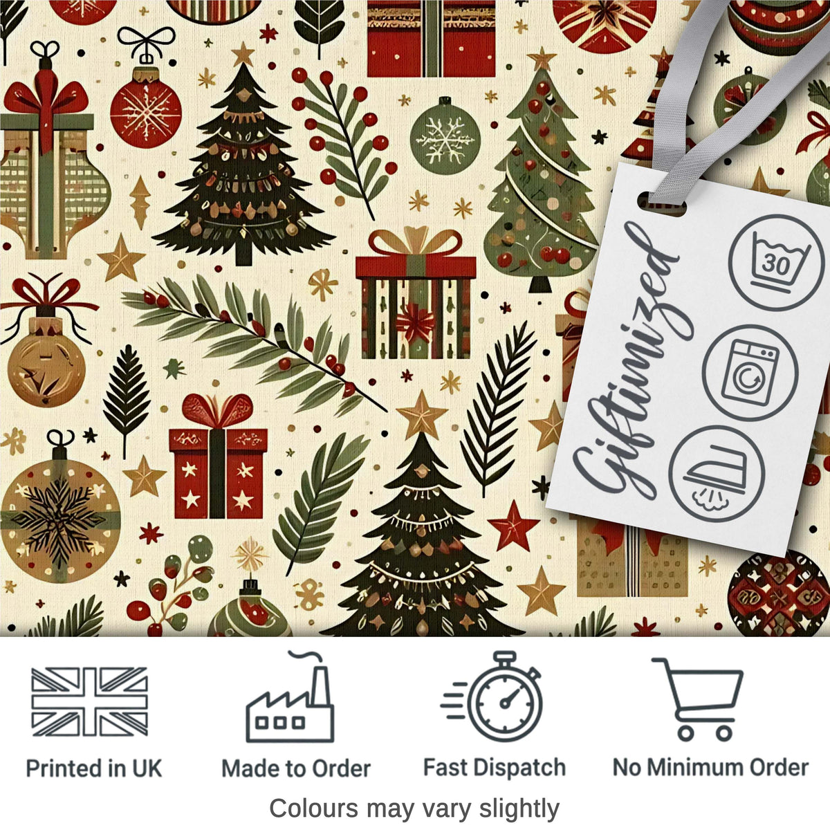 Scandinavian Christmas Trees Gifts Baubles Festive Seamless Pattern Digital Print Fabric by the Metre UK Sewing Quilting Textile