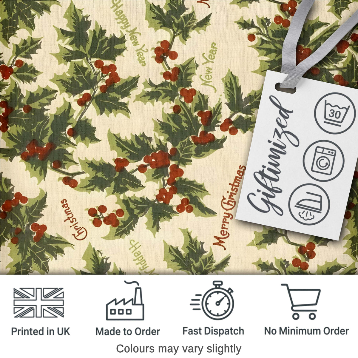 Festive Holly Berries Merry Christmas Text Seamless Pattern Digital Print Fabric by the Metre UK Sewing Quilting Textile